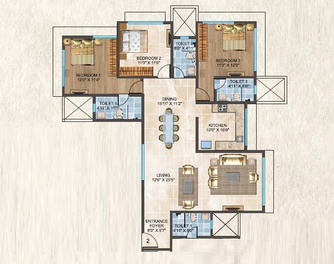Floor plan of 3 BHK 1206 Sq. Ft. Apartment in Sabari Horizon, Mumbai
