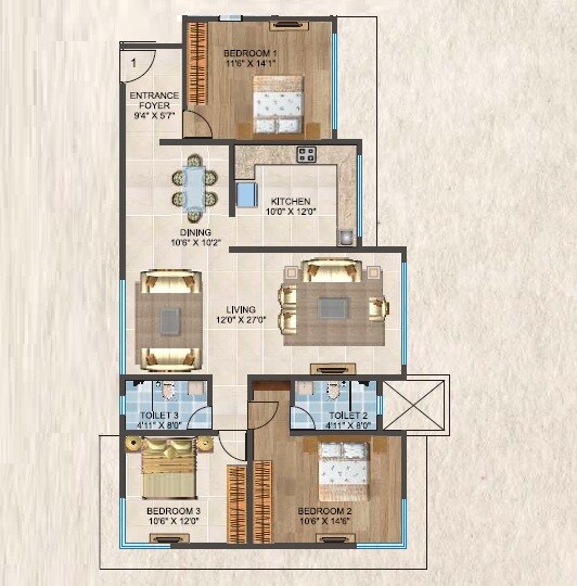 Floor plan of 3 BHK 1507 Sq. Ft. Apartment in Sabari Horizon, Mumbai