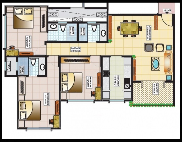 Floor plan of 3 BHK 1076 Sq. Ft. Apartment in Sabari Palm View, Mumbai