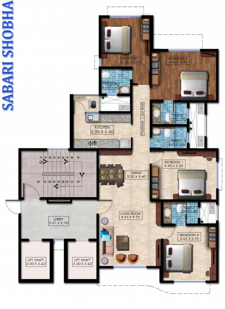 Floor plan of 4 BHK 1330 Sq. Ft. Apartment in Sabari Shobha, Mumbai