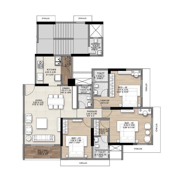 Floor plan of 3 BHK 1291 Sq. Ft. Apartment in Sach Splendid, Mumbai