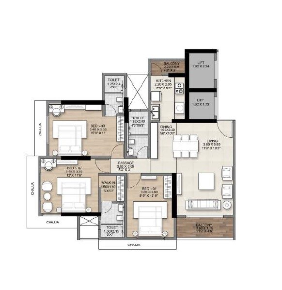 Floor plan of 3 BHK 1150 Sq. Ft. Apartment in Sach Splendid, Mumbai