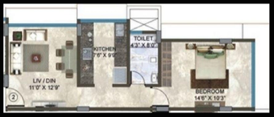 Floor plan of 1 BHK 445 Sq. Ft. Apartment in Sadguna Raj Ek Jyot Sukriti, Mumbai