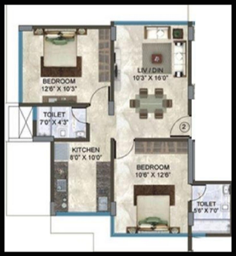 Floor plan of 2 BHK 680 Sq. Ft. Apartment in Sadguna Raj Ek Jyot Sukriti, Mumbai