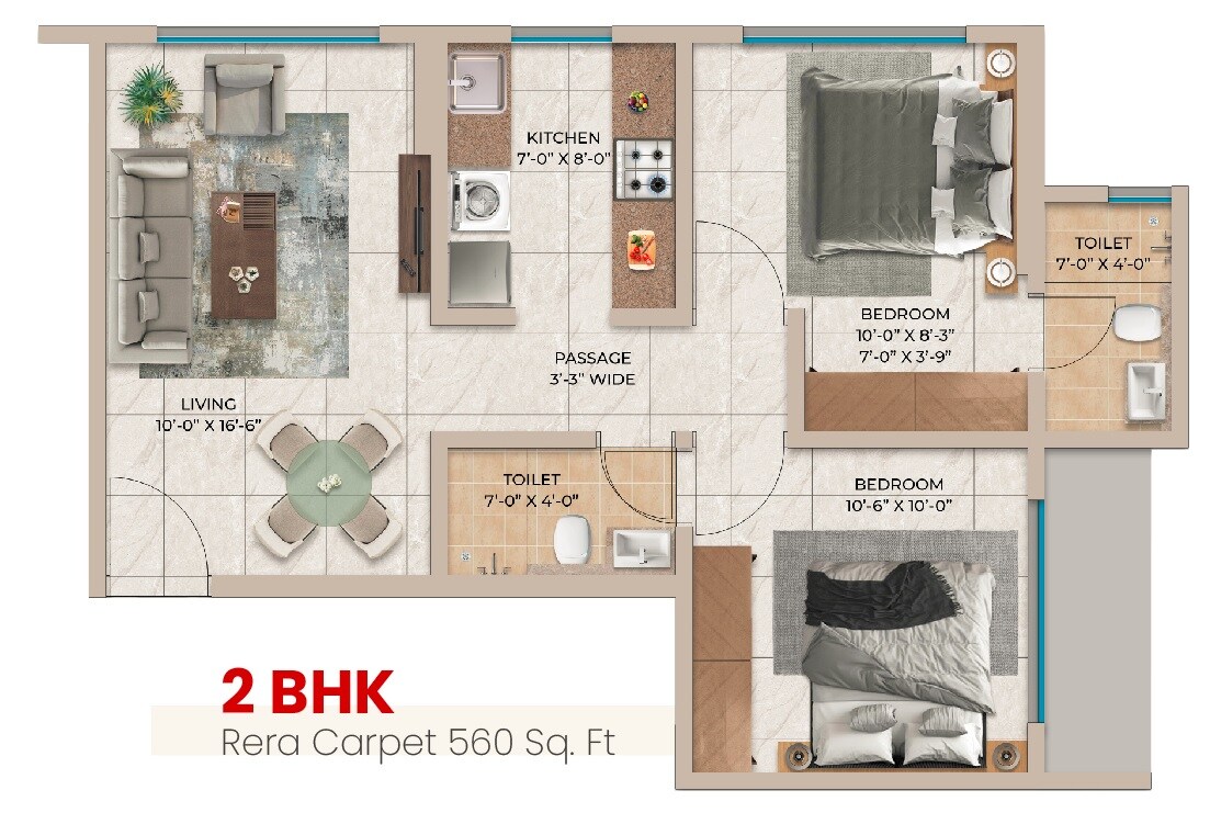 2 BHK 560 Sq. Ft. Apartment