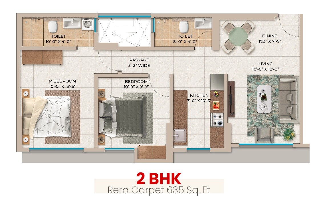 2 BHK 635 Sq. Ft. Apartment