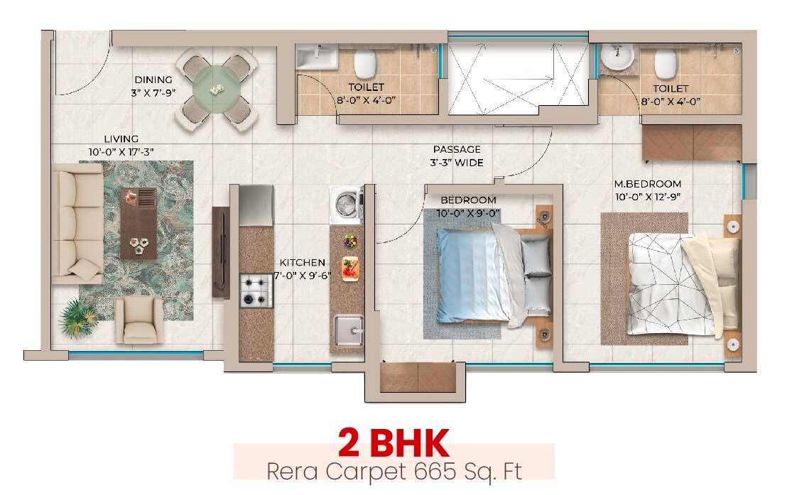 2 BHK 665 Sq. Ft. Apartment