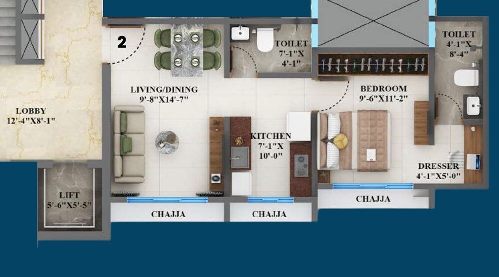 Floor plan of 1 BHK 430 Sq. Ft. Apartment in Sadguru Avighna, Mumbai