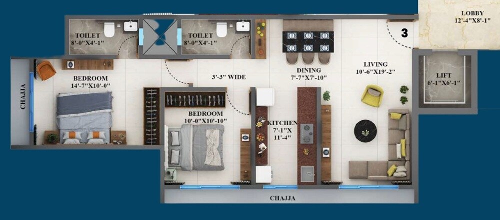 Floor plan of 2 BHK 730 Sq. Ft. Apartment in Sadguru Avighna, Mumbai