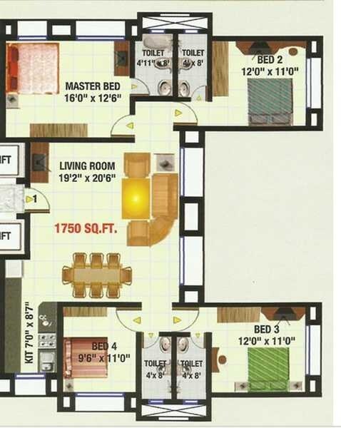 Floor plan of 4 BHK 1750 Sq. Ft. Apartment in Sadguru Dhan Laxmi, Mumbai