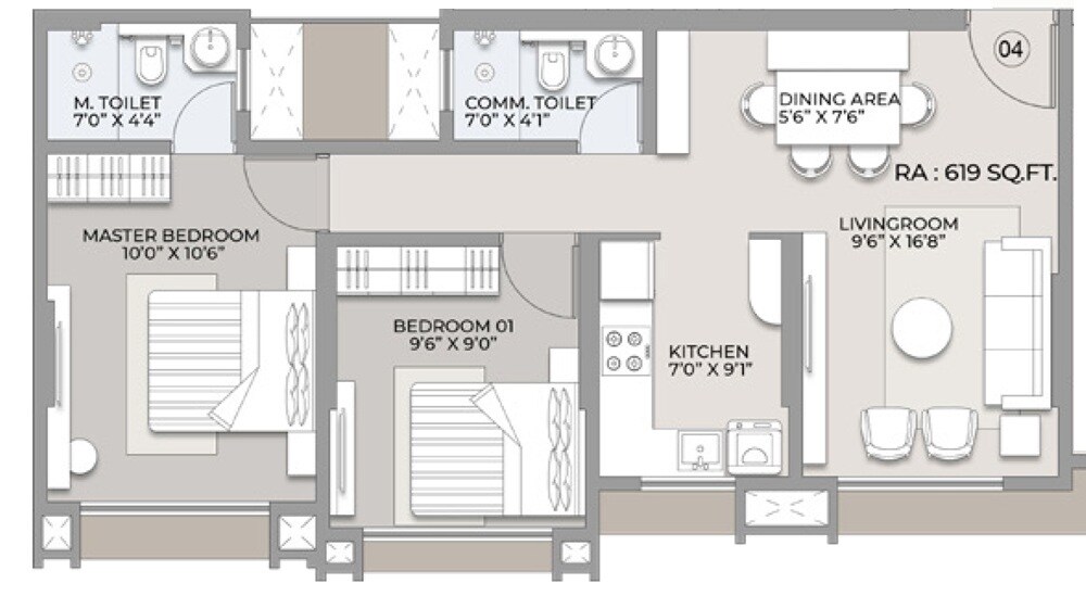 Floor plan of 2 BHK 619 Sq. Ft. Apartment in Sadguru Trimurti, Mumbai