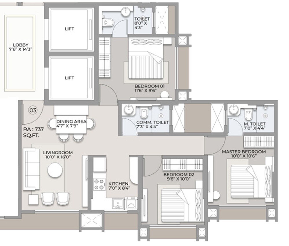 Floor plan of 3 BHK 737 Sq. Ft. Apartment in Sadguru Trimurti, Mumbai