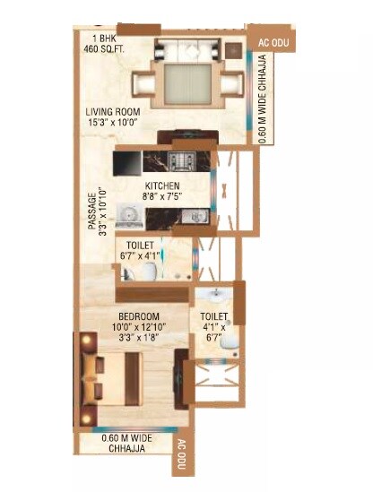 Floor plan of 1 BHK 460 Sq. Ft. Apartment in Safal Ganga Smruti, Mumbai