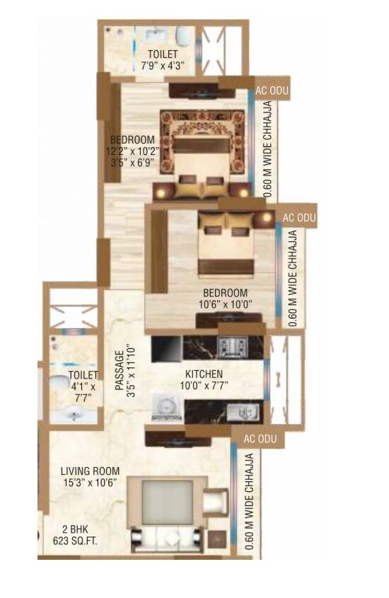 Floor plan of 2 BHK 623 Sq. Ft. Apartment in Safal Ganga Smruti, Mumbai