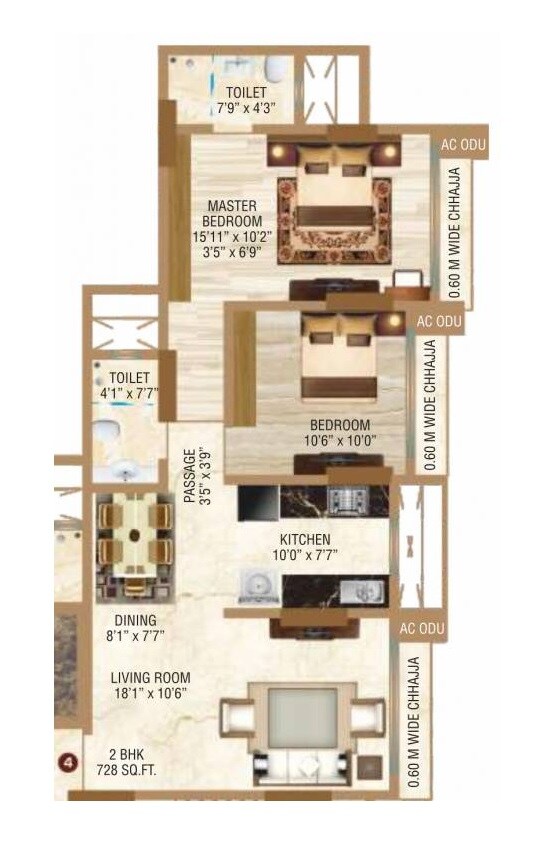 Floor plan of 2 BHK 728 Sq. Ft. Apartment in Safal Ganga Smruti, Mumbai