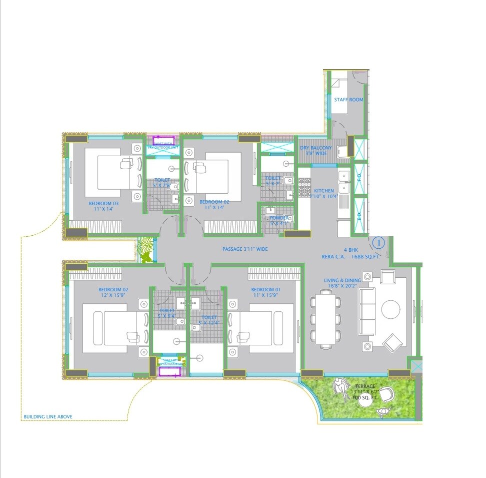 Floor plan of 4 BHK 1688 Sq. Ft. Apartment in Safal Montbay, Mumbai