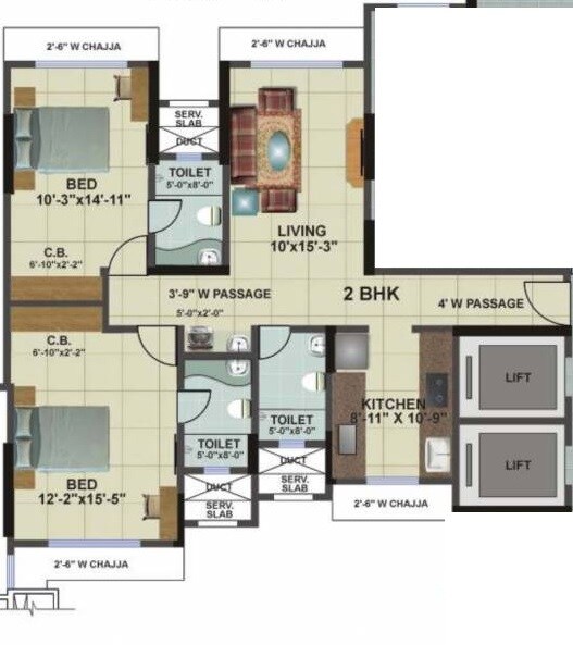 Floor plan of 2 BHK 850 Sq. Ft. Apartment in Safal Nav Parmanu CHS, Mumbai
