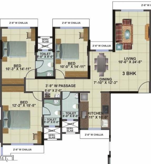 Floor plan of 3 BHK 1200 Sq. Ft. Apartment in Safal Nav Parmanu CHS, Mumbai