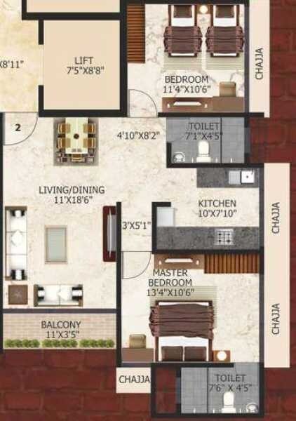Floor plan of 2 BHK 675 Sq. Ft. Apartment in Safal Sai, Mumbai