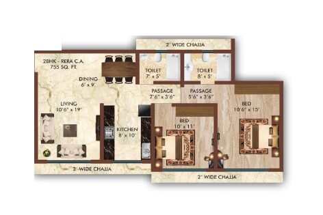 Floor plan of 2 BHK 755 Sq. Ft. Apartment in Safal Shree Saraswati Phase 4, Mumbai