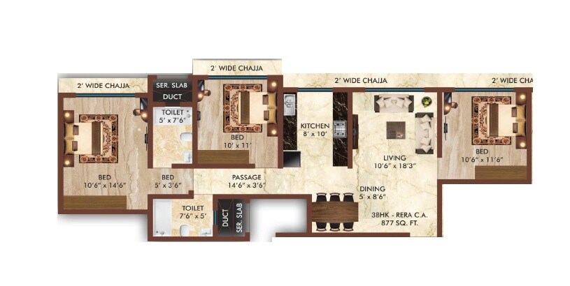 Floor plan of 3 BHK 877 Sq. Ft. Apartment in Safal Shree Saraswati Phase 4, Mumbai