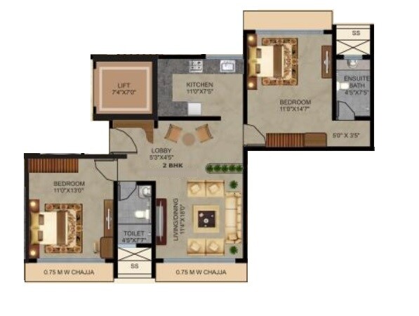 Floor plan of 2 BHK 623 Sq. Ft. Apartment in Safal Sky, Mumbai