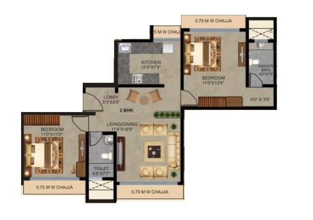 Floor plan of 2 BHK 673 Sq. Ft. Apartment in Safal Sky, Mumbai