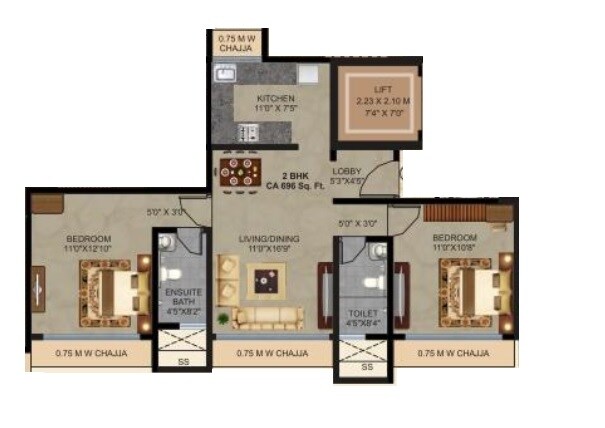 Floor plan of 2 BHK 696 Sq. Ft. Apartment in Safal Sky, Mumbai