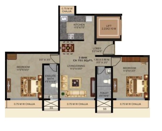 Floor plan of 2 BHK 751 Sq. Ft. Apartment in Safal Sky, Mumbai