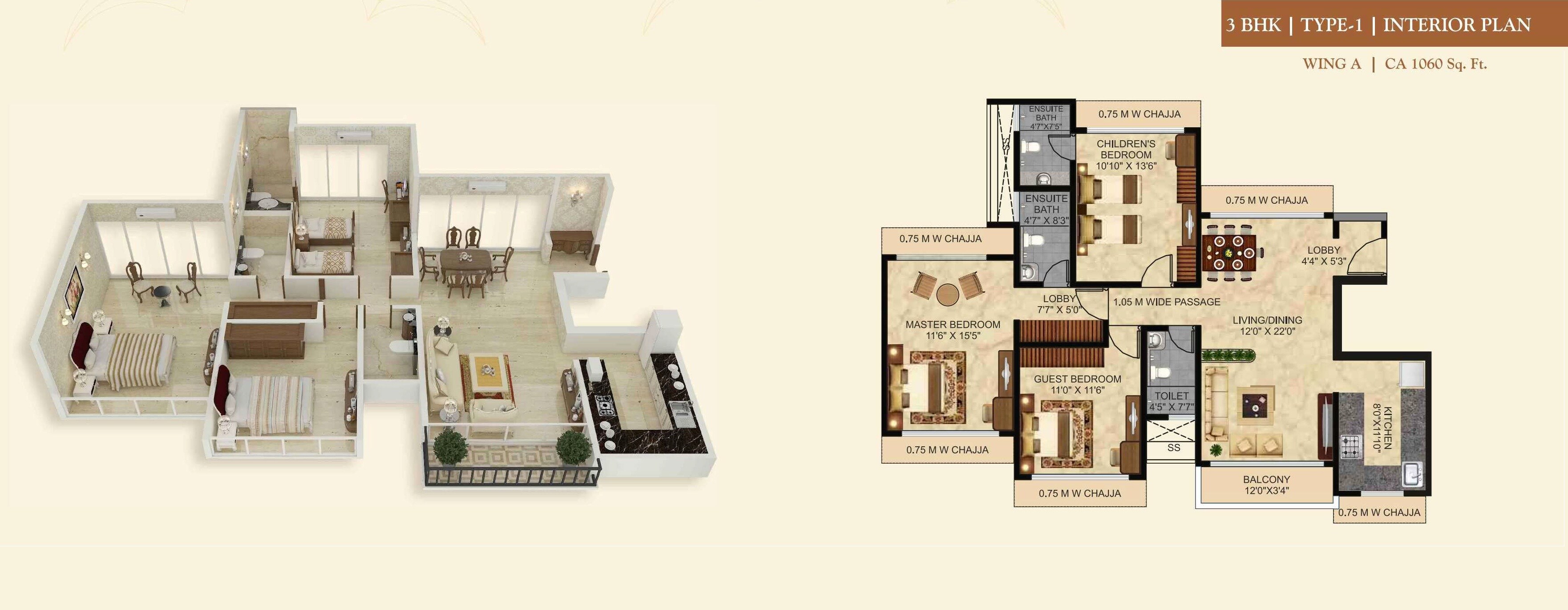 Floor plan of 3 BHK 1060 Sq. Ft. Apartment in Safal Sky, Mumbai