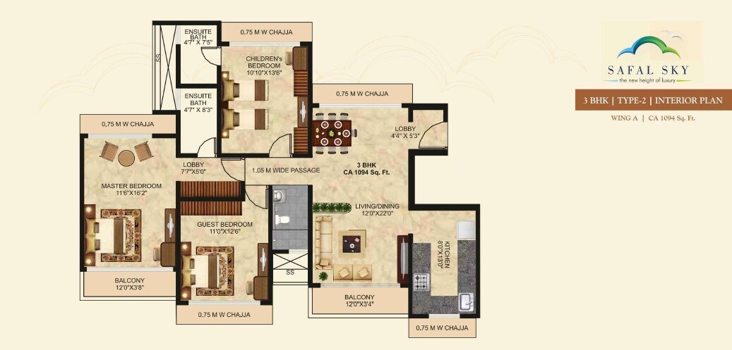 Floor plan of 3 BHK 1094 Sq. Ft. Apartment in Safal Sky, Mumbai