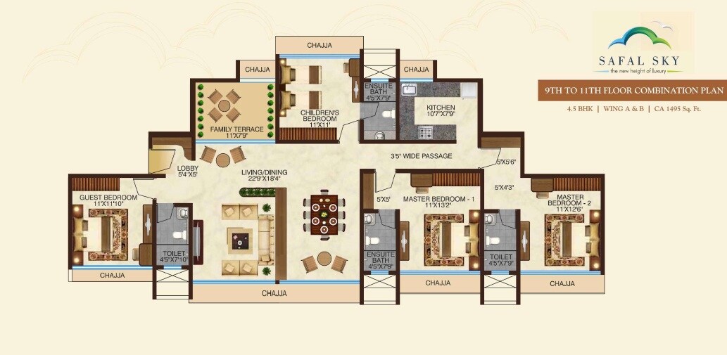 Floor plan of 4 BHK 1449 Sq. Ft. Apartment in Safal Sky, Mumbai