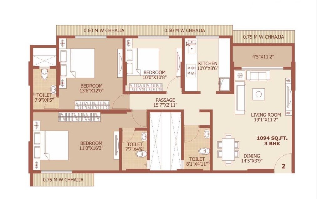 3 BHK 1041 Sq. Ft. Apartment