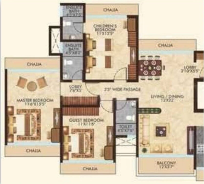 Floor plan of 3 BHK 1350 Sq. Ft. Apartment in Safal Twins, Mumbai