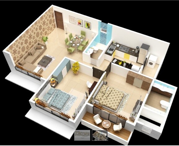 Floor plan of 2 BHK 1254 Sq. Ft. Apartment in Sagar City Indian Ocean C and D, Mumbai