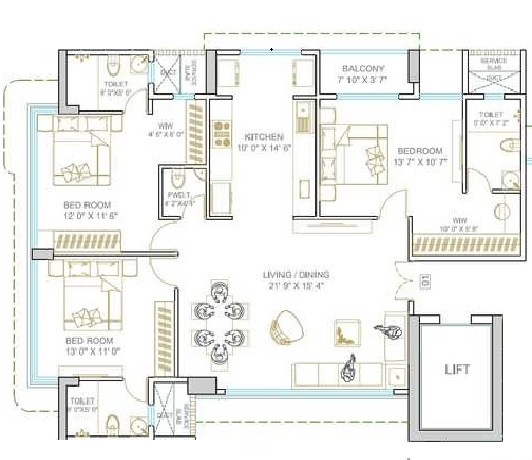 3 BHK 1195 Sq. Ft. Apartment in Sahaj 22 Avenue