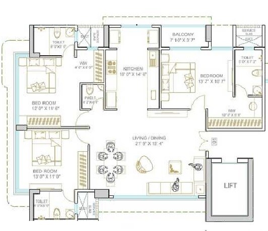 Floor plan of 3 BHK 1195 Sq. Ft. Apartment in Sahaj 22 Avenue, Mumbai