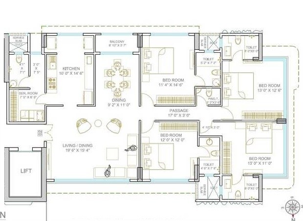 Floor plan of 4 BHK 1598 Sq. Ft. Apartment in Sahaj 22 Avenue, Mumbai