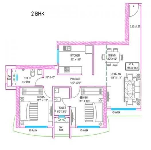 Floor plan of 2 BHK 695 Sq. Ft. Apartment in Sahajanand Arista, Mumbai
