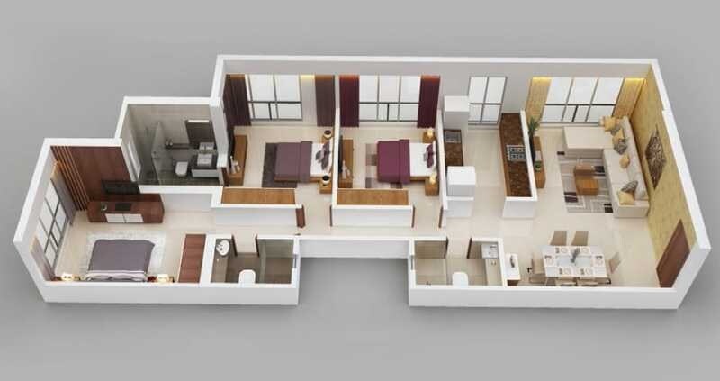 Floor plan of 3 BHK 1640 Sq. Ft. Apartment in Sahajanand Arista, Mumbai