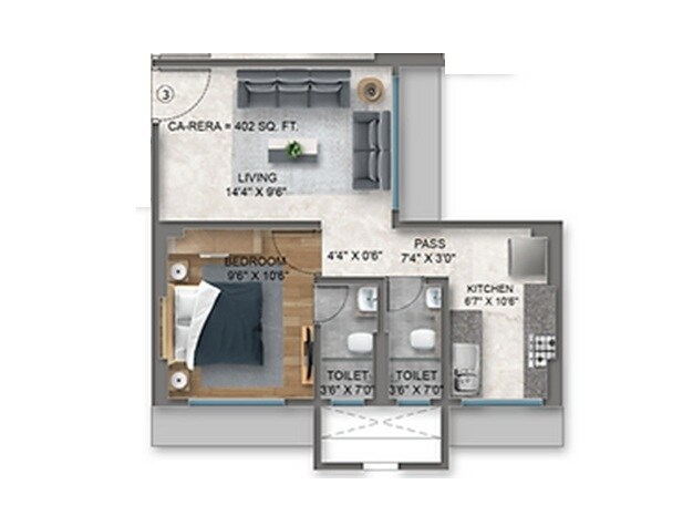 Floor plan of 1 BHK 402 Sq. Ft. Apartment in Sahakar Avenue, Mumbai