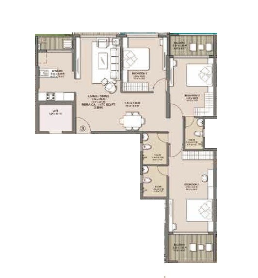 Floor plan of 3 BHK 1170 Sq. Ft. Apartment in Sahakar Excel Acropolis, Mumbai