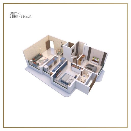Floor plan of 2 BHK 685 Sq. Ft. Apartment in Sahakar Revanta, Mumbai