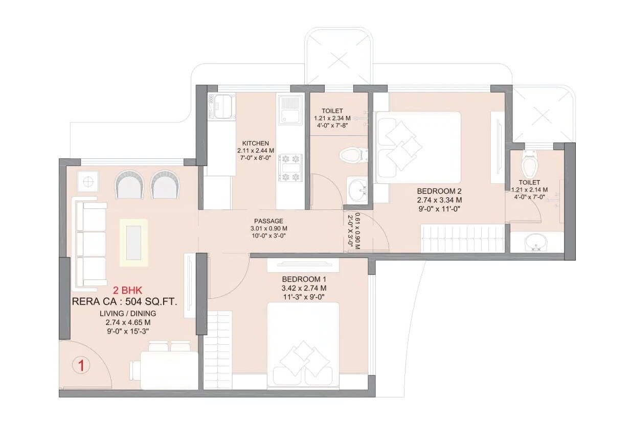 Floor plan of 2 BHK 504 Sq. Ft. Apartment in Sahakar Shanti Signature, Mumbai