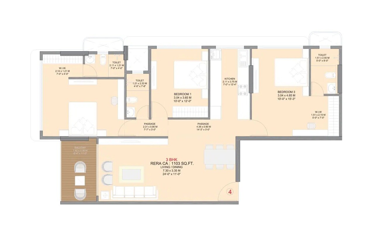 Floor plan of 3 BHK 1103 Sq. Ft. Apartment in Sahakar Shanti Signature, Mumbai