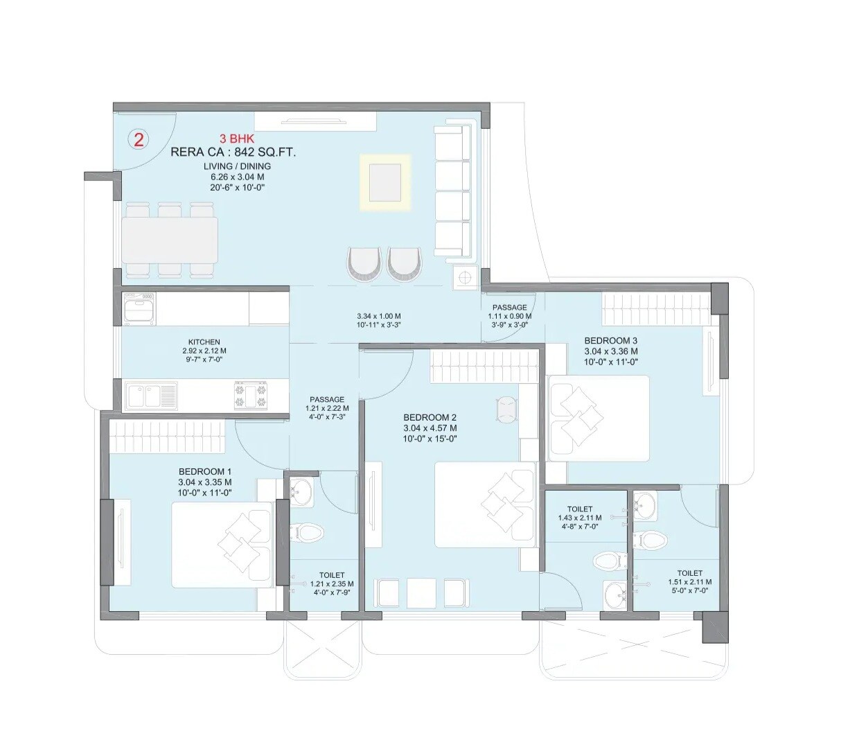 Floor plan of 3 BHK 842 Sq. Ft. Apartment in Sahakar Shanti Signature, Mumbai