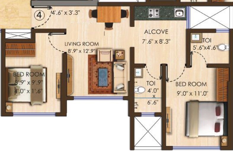 Floor plan of 2 BHK 724 Sq. Ft. Apartment in Sai Sastha Crystal, Mumbai