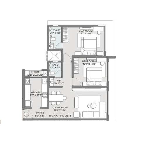 Floor plan of 2 BHK 894 Sq. Ft. Apartment in Sai Shankar, Mumbai