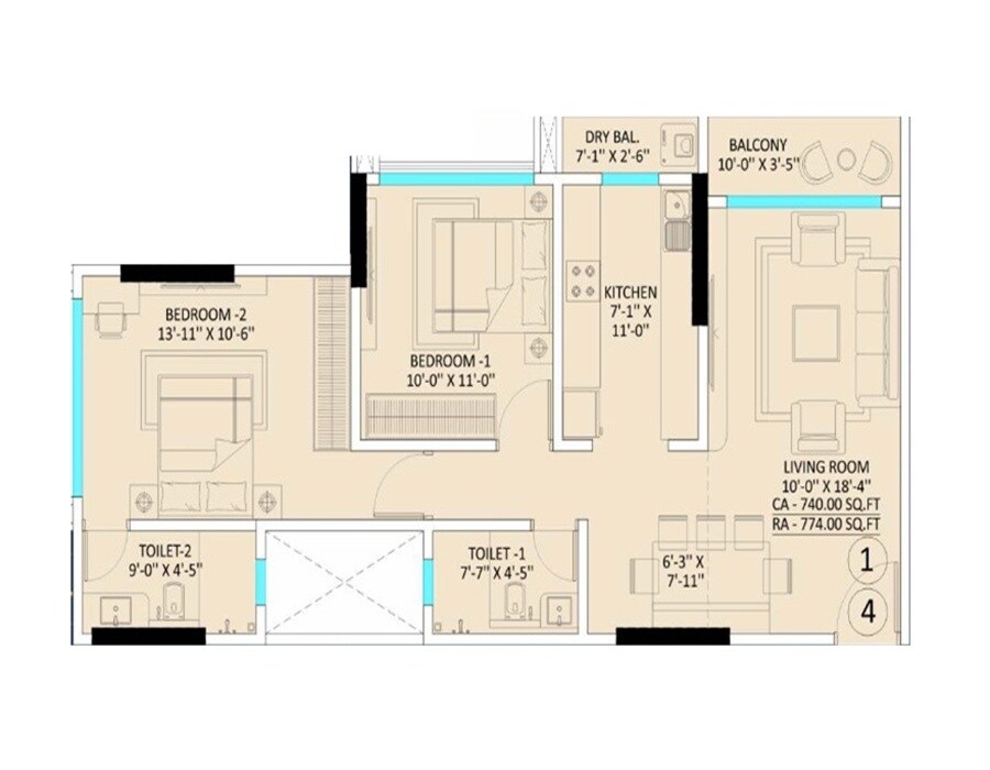 Floor plan of 2 BHK 774 Sq. Ft. Apartment in Saikaran Kanak Edge, Mumbai