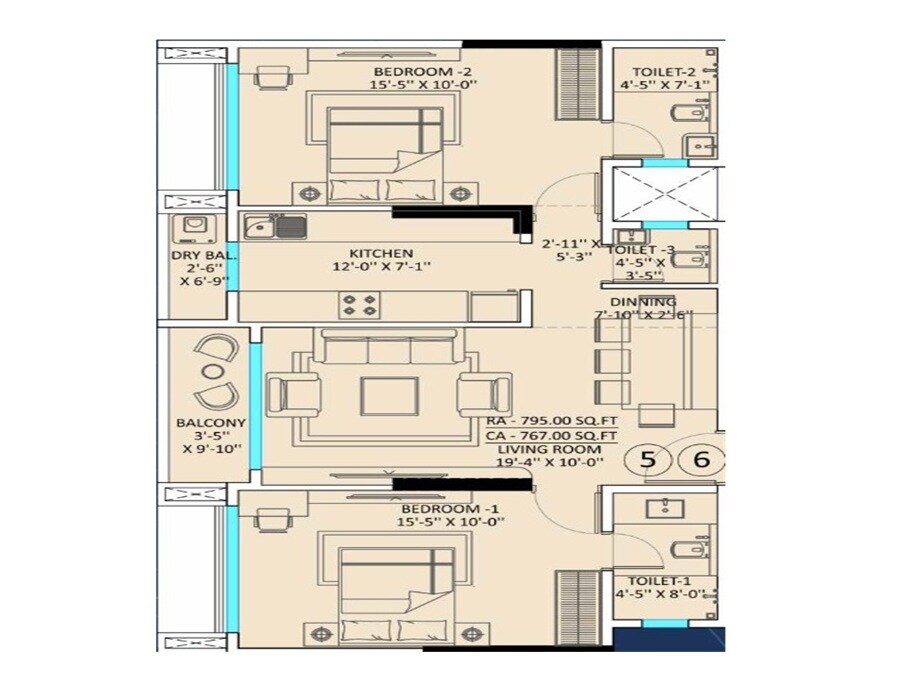 Floor plan of 2 BHK 795 Sq. Ft. Apartment in Saikaran Kanak Edge, Mumbai